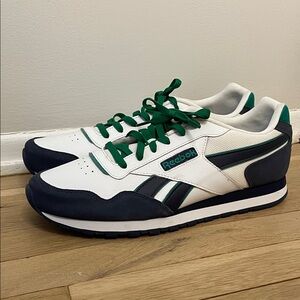 Classic Reebok Men's White, Green, and Navy Sneakers